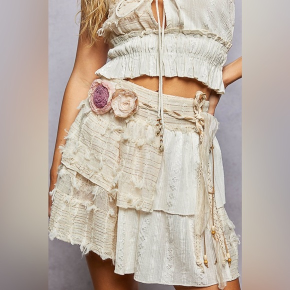 POL Cream Pink Belt Double Floral Accent Choker romantic, bohemian - Picture 2 of 2